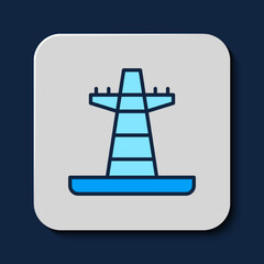 Filled outline Electric tower used to support an overhead power line icon isolated on blue background. High voltage power pole line. Vector