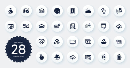 Set of Business icons, such as Seo gear, Web settings and Cashback flat icons. Cloud share, Group, Wallet web elements. Cash, Door, Cloud computing signs. Apple, Binary code, Medical drugs. Vector