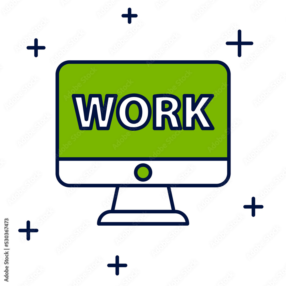Poster filled outline computer monitor with text work icon isolated on white background. vector