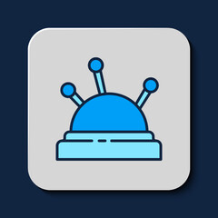 Filled outline Needle bed and needles icon isolated on blue background. Handmade and sewing theme. Vector