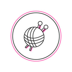 Filled outline Yarn ball with knitting needles icon isolated on white background. Label for hand made, knitting or tailor shop. Vector