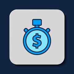 Filled outline Time is money icon isolated on blue background. Money is time. Effective time management. Convert time to money. Stopwatch. Vector