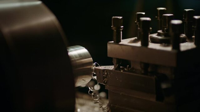 Close up of lathe drill in motion.