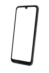 New modern black frameless smartphone mockup with blank white screen  Isolated on a transparent background.