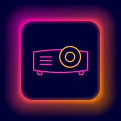 Glowing neon line Presentation, movie, film, media projector icon isolated on black background. Colorful outline concept. Vector