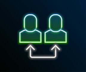 Glowing neon line Exchange work icon isolated on black background. Information exchange between people. Employee or people Replacement or swap position concept. Colorful outline concept. Vector