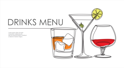 Fotobehang Drinks menu. Continuous one line drawing of glasses with cocktails. Illustration with quote template. Can used for logo, banner, booklet, flyer, brochure © mitay20