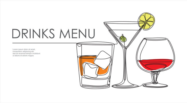 Drinks menu. Continuous one line drawing of glasses with cocktails. Illustration with quote template. Can used for logo, banner, booklet, flyer, brochure