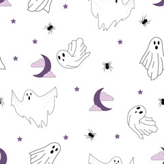 Seamless pattern with cartoon ghosts, spiders and moon. Halloween background