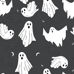 Seamless pattern with cartoon ghosts and bat with black background. Halloween background