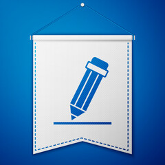 Blue Pencil with eraser icon isolated on blue background. Drawing and educational tools. School office symbol. White pennant template. Vector
