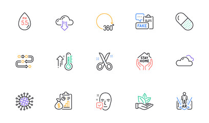 Fototapeta premium Ph neutral, Capsule pill and Cloudy weather line icons for website, printing. Collection of Stay home, 360 degrees, Coronavirus icons. Face accepted, Scissors, Methodology web elements. Vector