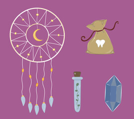 Witchcraft isolated doodle set. Esoteric magical stickers clip art hand drawn dream catcher, crystal, potion, bag with teeth, flask. Vector halloween illustration