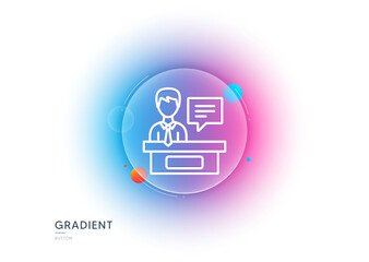 Exhibitors line icon. Gradient blur button with glassmorphism. Information desk sign. Transparent glass design. Exhibitors line icon. Vector