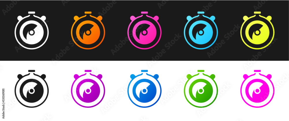 Poster set stopwatch icon isolated on black and white background. time timer sign. chronometer sign. vector