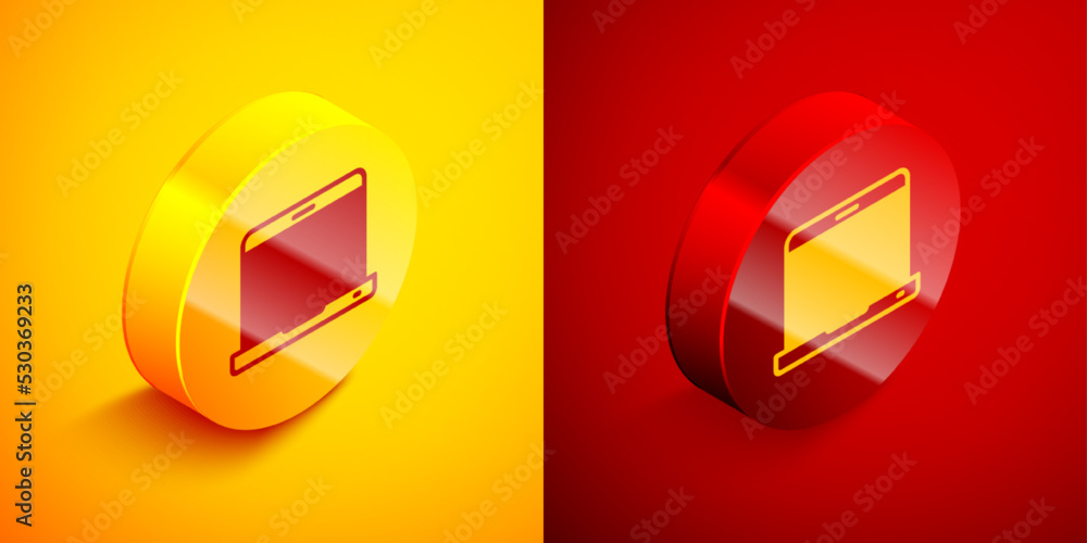 Poster isometric laptop icon isolated on orange and red background. computer notebook with empty screen sig