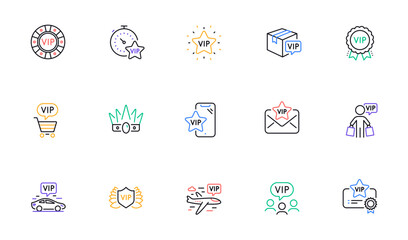 Vip line icons set. Very important person, delivery parcel, casino chips. Certificate medal, player table, vip buyer icons. Crown, casino ticket, business class flight. Membership privilege. Vector