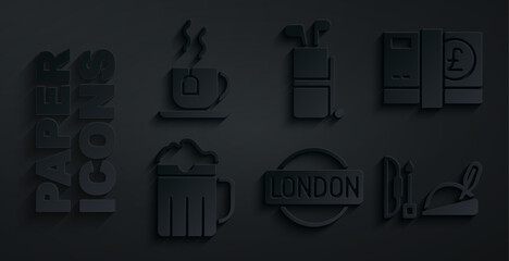 Set London sign, Pound sterling money, Wooden beer mug, Robin hood hat, Golf bag with clubs and Cup of tea tea icon. Vector - obrazy, fototapety, plakaty