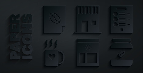 Set Bag of coffee beans, Coffee menu, cup and heart, jar bottle, shop and poster icon. Vector