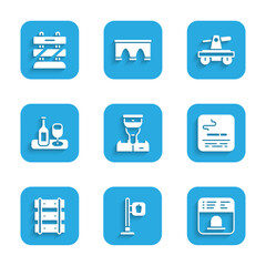 Set Train conductor, Cafe and restaurant location, Ticket office buy tickets, Smoking area, Railway, railroad track, Wine bottle with glass, Draisine handcar and End railway tracks icon. Vector
