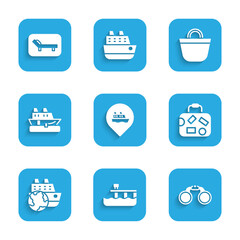 Set Location with cruise ship, Beach pier dock, Binoculars, Suitcase, Cruise, bag and Sunbed and umbrella icon. Vector