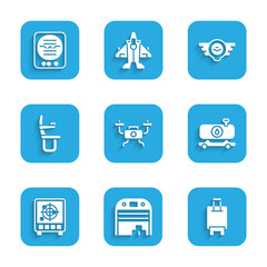 Set Drone flying, Aircraft hangar, Suitcase, Fuel tanker truck, Radar with targets monitor, Airplane seat, Aviation emblem and Attitude indicator icon. Vector
