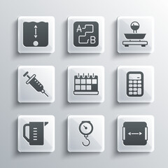 Set Hand scale spring mechanical, Area measurement, Calculator, Calendar, Measuring cup, Syringe, Depth and Scales icon. Vector