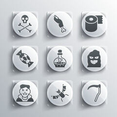 Set Flying bat, Scythe, Funny and scary ghost mask, Bottle with potion, Vampire, Candy, Skull crossbones and Toilet paper roll icon. Vector