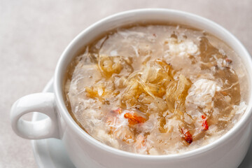 Shark fin soup (Indonesia : Soup Sirip Ikan Hiu) is a popular soup in Chinese cuisine which is usually served on special occasions such as weddings or banquets.
