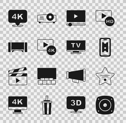 Set Stereo speaker, Walk of fame star, Buy cinema ticket online, Online play video, Screen tv with 4k, Smart Tv, Ultra HD and icon. Vector