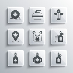 Set Bottle of maple syrup, Syrup with pancakes, Beaver animal, Canadian leaf, and totem pole icon. Vector