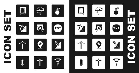 Set Bomb, Mine entrance, Pickaxe, Dynamite, Miner helmet, Construction jackhammer and icon. Vector