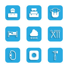 Set Cloud with rain, Sun, Hammer, Match stick, Carabiner, Bed, Hiking backpack and Barbecue grill icon. Vector