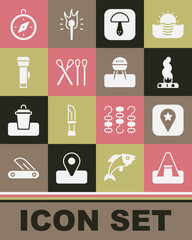 Set Tourist tent, Location for camping, Campfire, Mushroom, Match stick, Flashlight, Compass and Barbecue grill icon. Vector