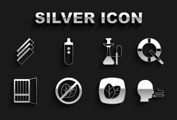 Set No tobacco leaf, Ashtray with cigarette, Man smoking, Tobacco, Cigarette case, Hookah, rolling papers and Electronic icon. Vector