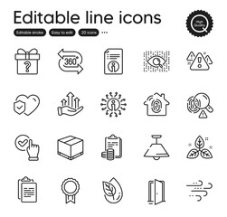 Set of Business outline icons. Contains icons as Secret gift, Technical info and Artificial intelligence elements. Clipboard, Accounting, Open door web signs. Reward, Life insurance. Vector