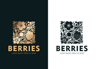 Berries and flowers, a monochrome emblem, a logo in a square shape. Vector illustration