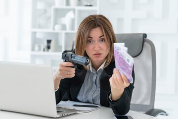 Close-up photo of business woman holding pack of euro money and gun with a menacing expression....