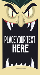 Happy Halloween. Count Dracula face avatar. Cute cartoon vampire character with big open mouth, tongue, fangs.