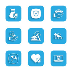 Set Car damaged by fallen tree, Life insurance with shield, Insurance online, Flood car, Umbrella, Light bulb hand, and Money bag icon. Vector