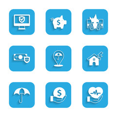 Set Umbrella, Money with shield, Life insurance, House and lightning, Car accident and Insurance online icon. Vector