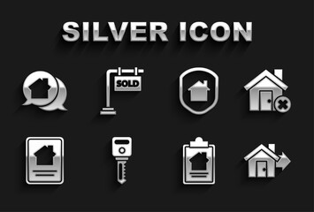 Set House key, with wrong mark, Sale house, contract, Online real estate, under protection, Real message and Hanging sign Sold icon. Vector