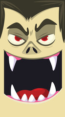 Happy Halloween. Count Dracula face avatar. Cute cartoon vampire character with big open mouth, tongue, fangs.