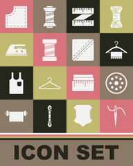 Set Needle for sewing with thread, Sewing button, Hanger wardrobe, Tape measure, Electric iron, Pattern and icon. Vector