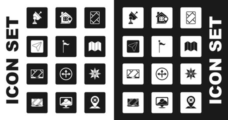 Set Gps device with map, Location marker, Infographic of city navigation, Radar, Folded, house, Wind rose and icon. Vector