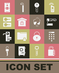 Set Safe combination lock, Password protection, Marked key, Undefined, House under, Casting keys, Eye scan and Broken cracked icon. Vector