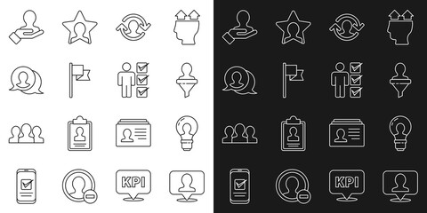 Set line Location with person, Head lamp bulb, hunting, Human resources, marker, Speech bubble chat, Hand for search people and User of business suit icon. Vector