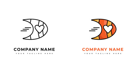 Initial Letter D Company Logo. Simply cartoon outline and colorful monogram D inside with a heart shape. Isolated line art on white background. Flat vector logo design template elements