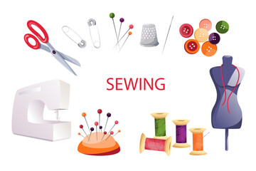 A set of tools and materials for sewing.Sewing machine, thread, scissors, pins.Elements for sewing and repairing clothes.