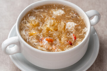 Shark fin soup (Indonesia : Soup Sirip Ikan Hiu) is a popular soup in Chinese cuisine which is usually served on special occasions such as weddings or banquets.
